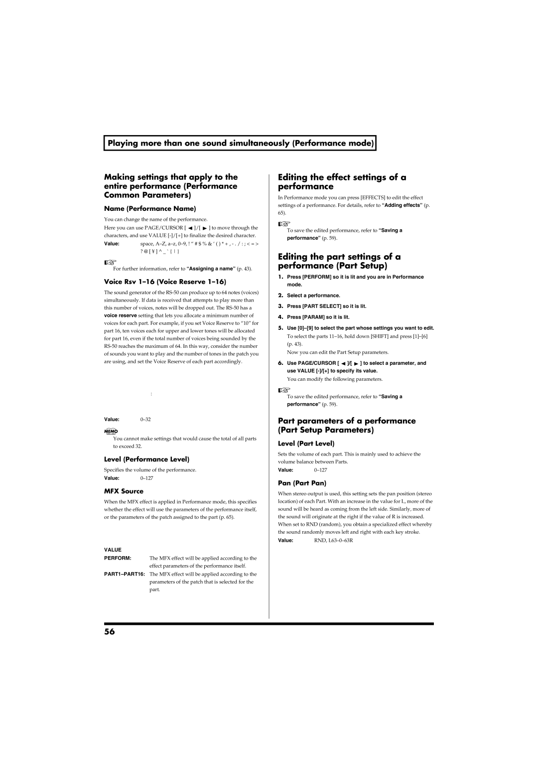 Roland RS-50 Editing the effect settings of a performance, Editing the part settings of a performance Part Setup 