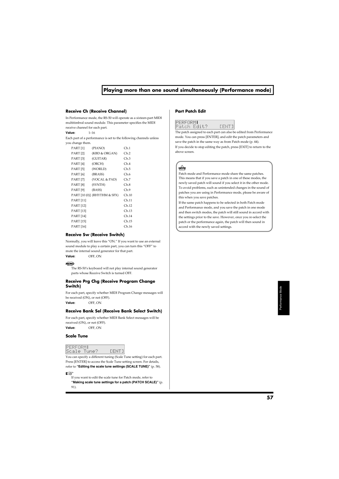 Roland RS-50 owner manual Playing more than one sound simultaneously Performance mode 