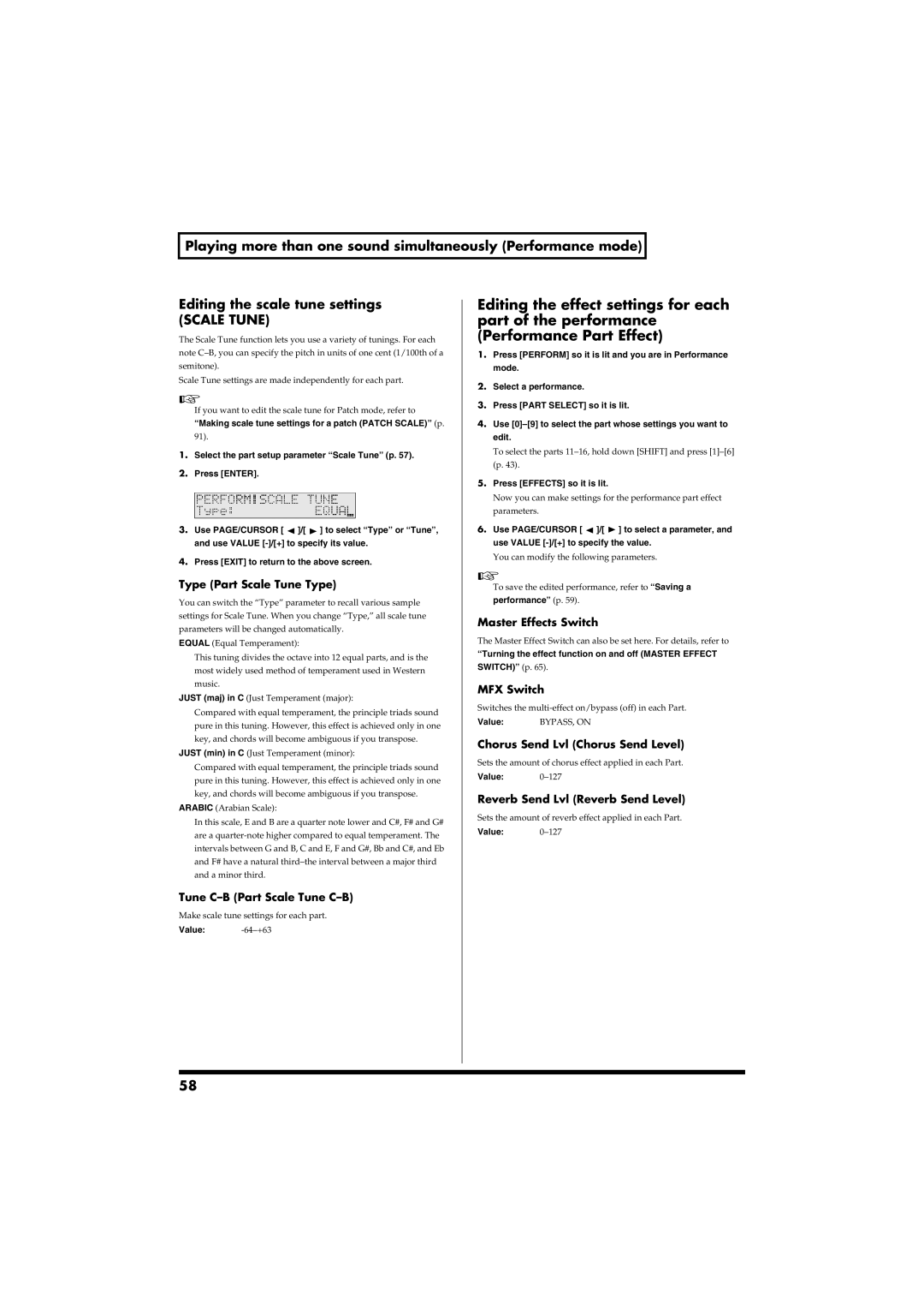 Roland RS-50 owner manual Type Part Scale Tune Type, Tune C-B Part Scale Tune C-B, Master Effects Switch, MFX Switch 