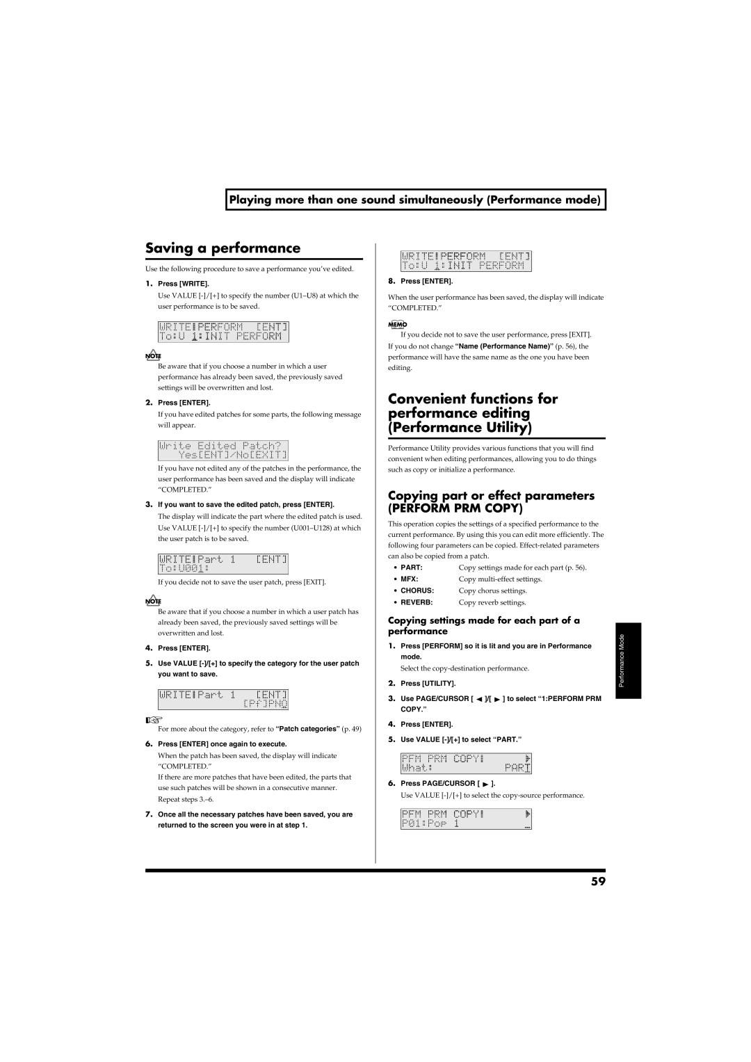 Roland RS-50 owner manual Saving a performance, Copying part or effect parameters, Perform PRM Copy 