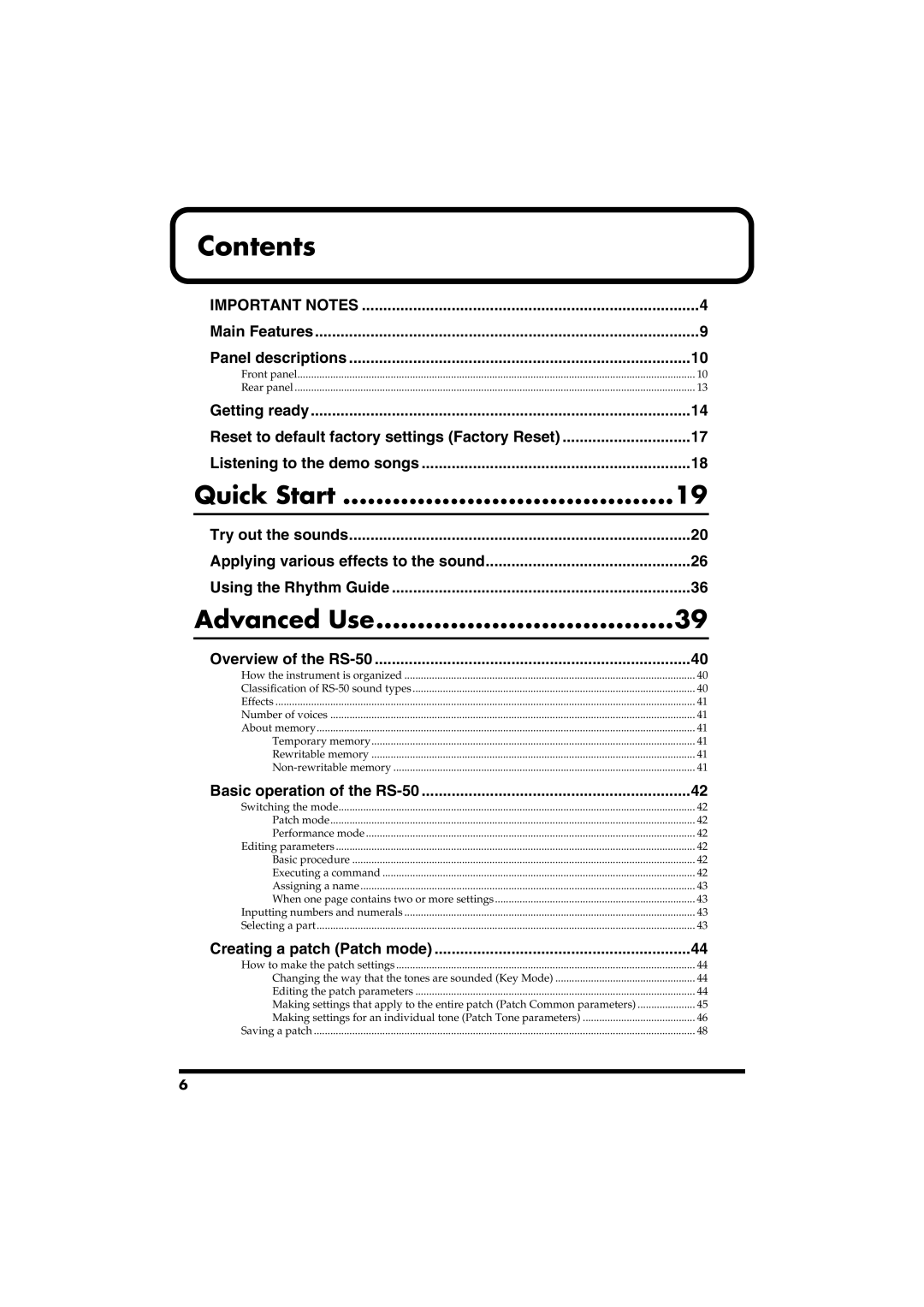 Roland RS-50 owner manual Contents 