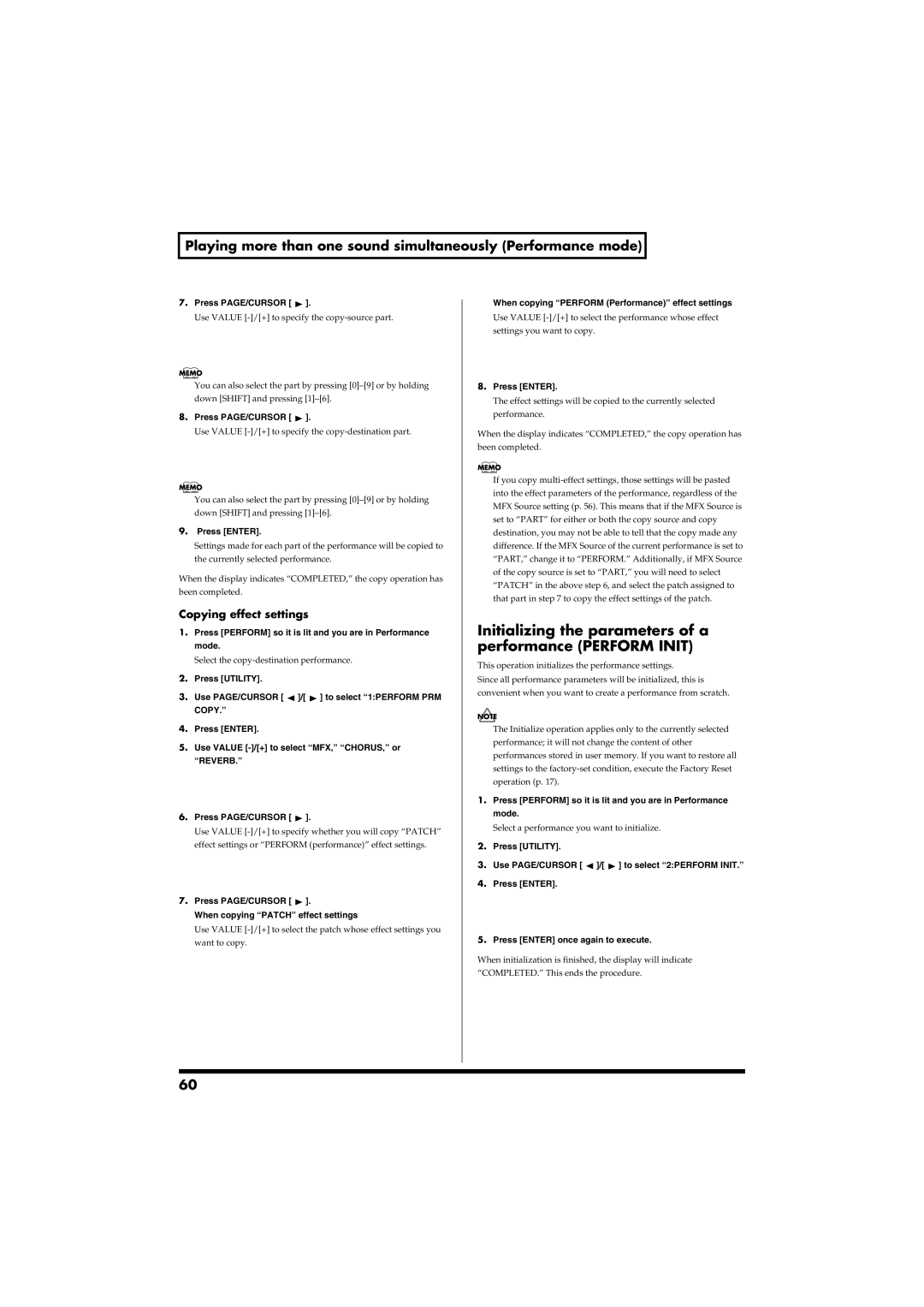 Roland RS-50 owner manual Initializing the parameters of a performance Perform Init, Copying effect settings 