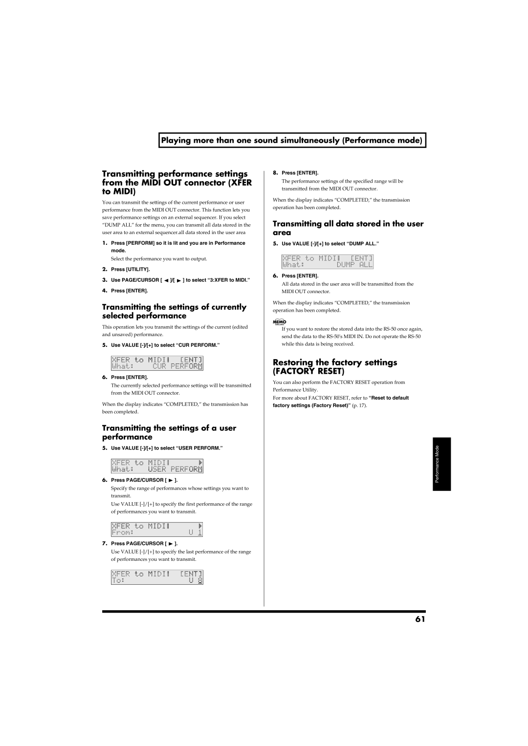 Roland RS-50 Transmitting the settings of currently selected performance, Transmitting the settings of a user performance 