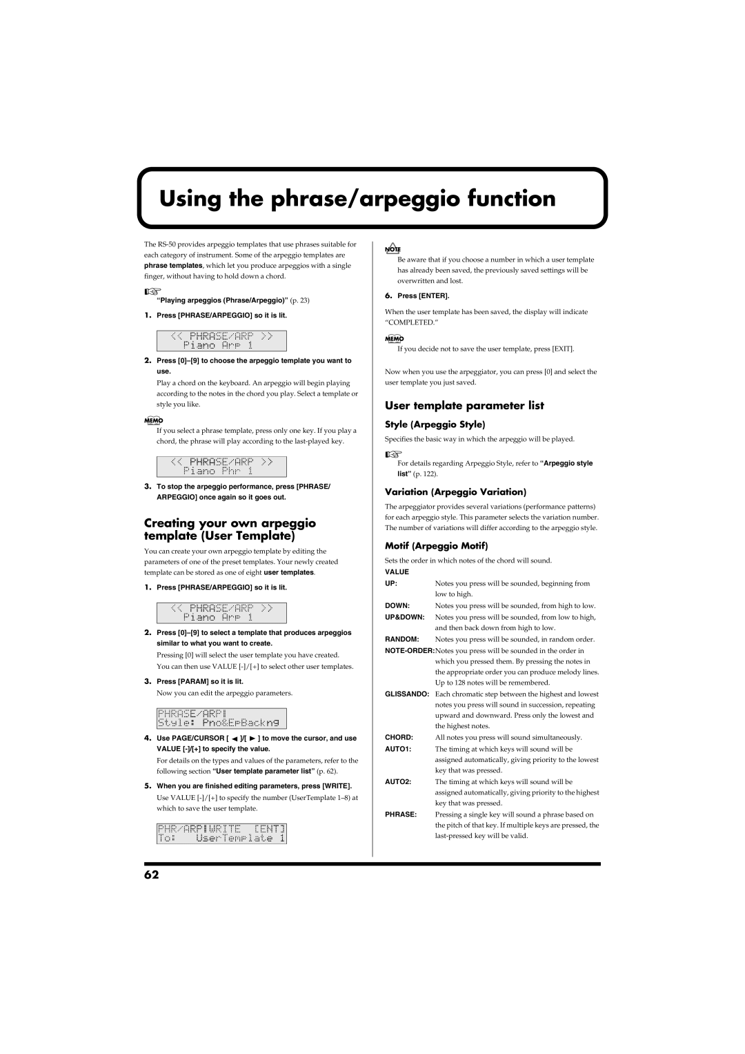 Roland RS-50 owner manual Using the phrase/arpeggio function, Creating your own arpeggio template User Template 