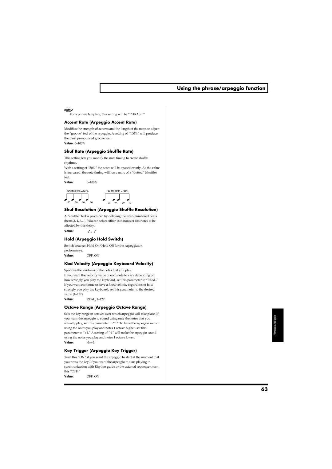 Roland RS-50 owner manual Using the phrase/arpeggio function 