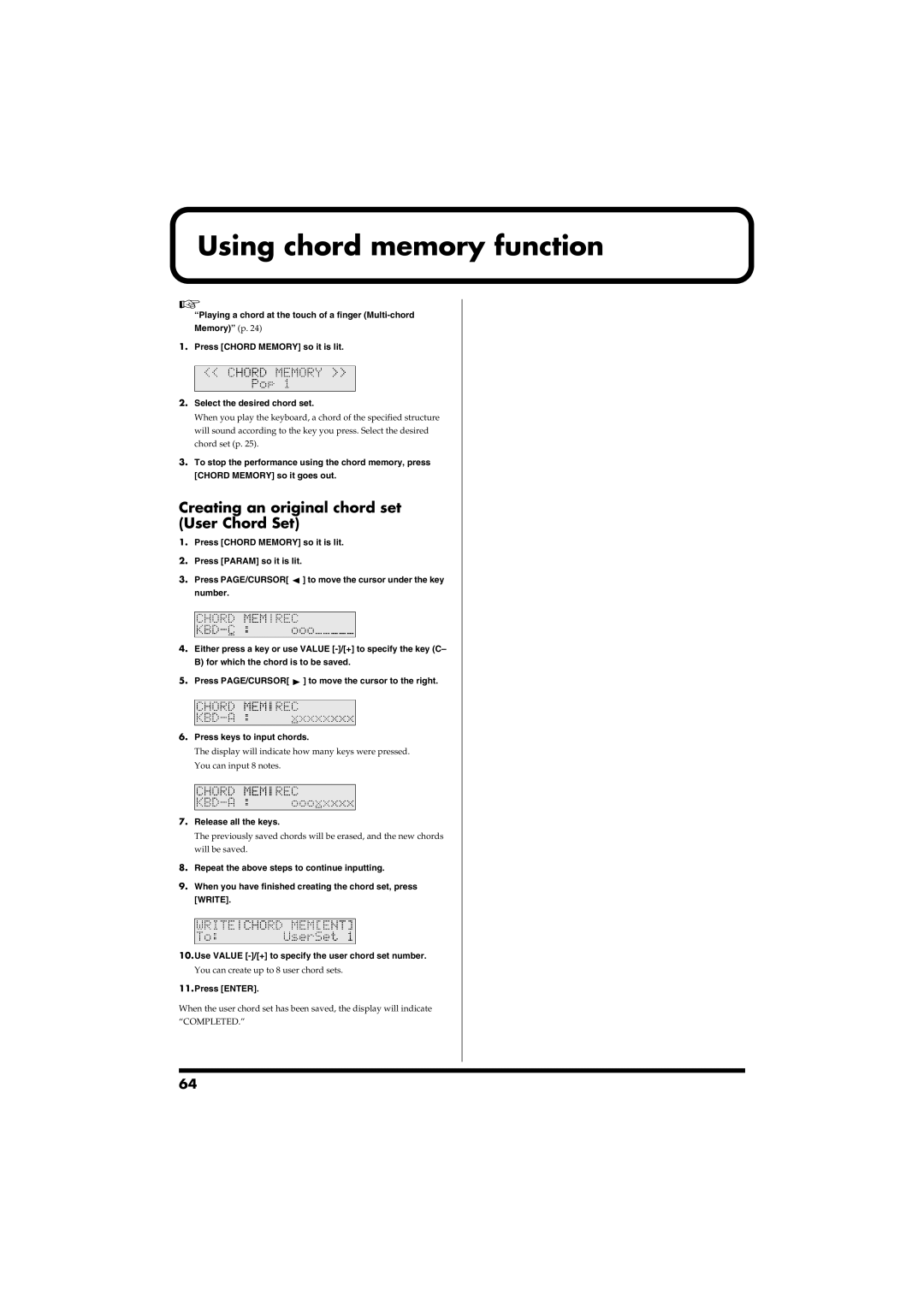 Roland RS-50 owner manual Using chord memory function, Creating an original chord set User Chord Set 