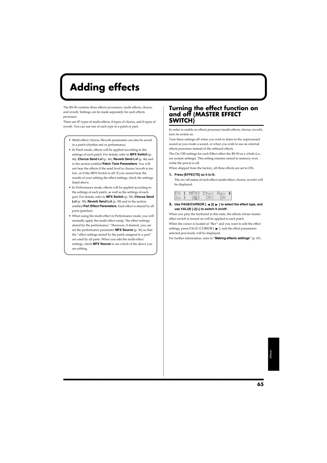 Roland RS-50 owner manual Adding effects, Turning the effect function on and off Master Effect Switch 