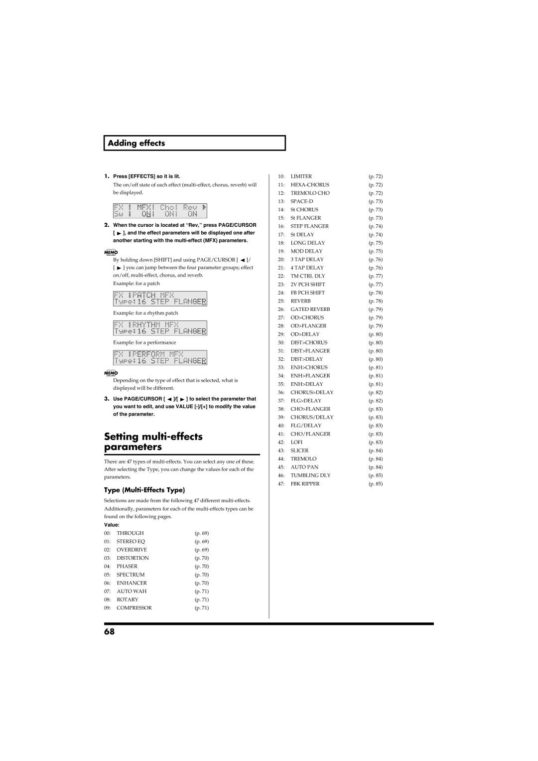 Roland RS-50 owner manual Setting multi-effects parameters, Type Multi-Effects Type, Step Flanger 