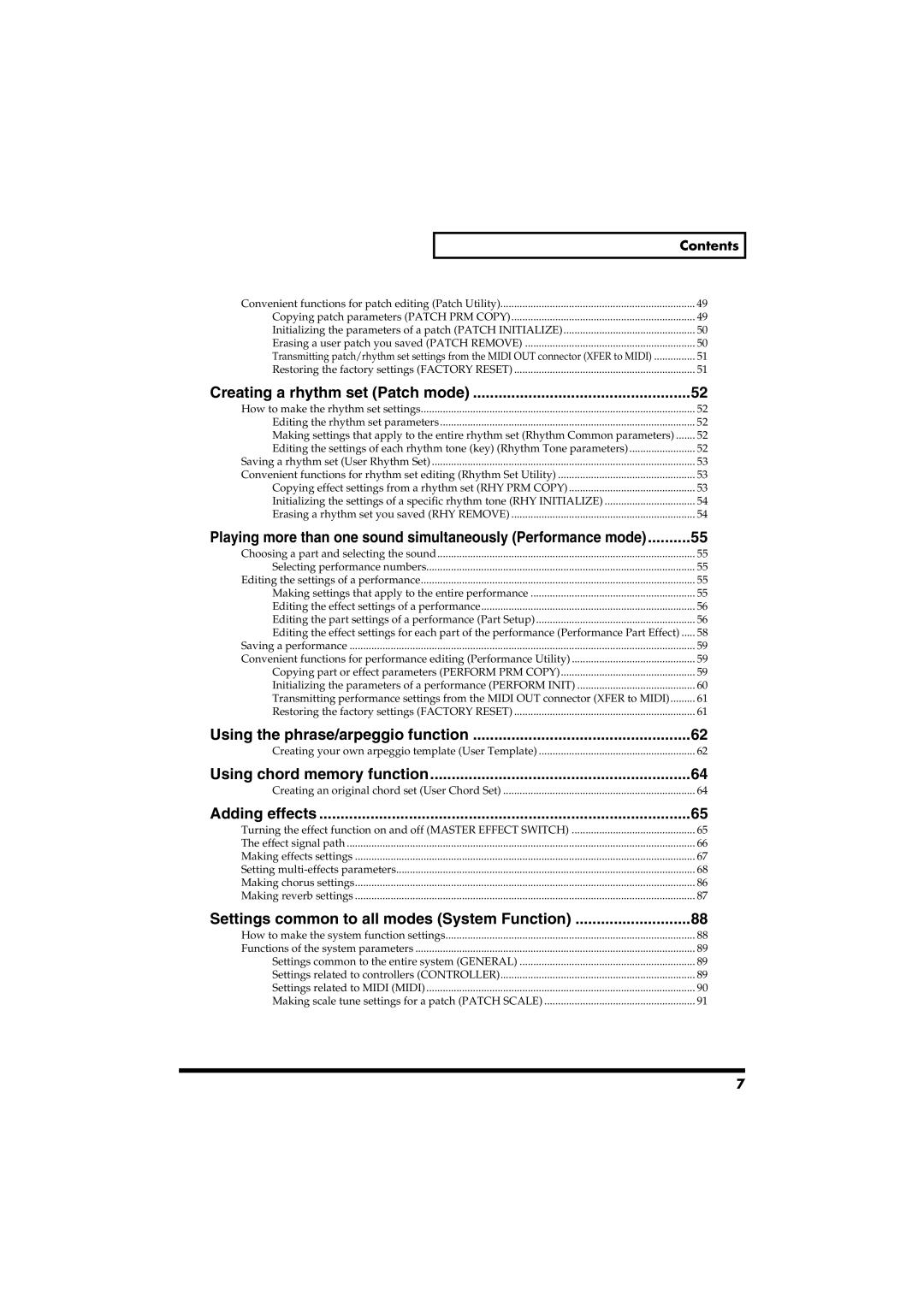 Roland RS-50 owner manual Using chord memory function, Adding effects, Contents 