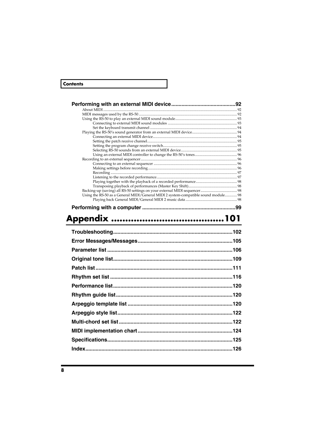 Roland RS-50 owner manual 102, 105, 106, 109, 111, 116, 120, 122, 124, 125, 126 