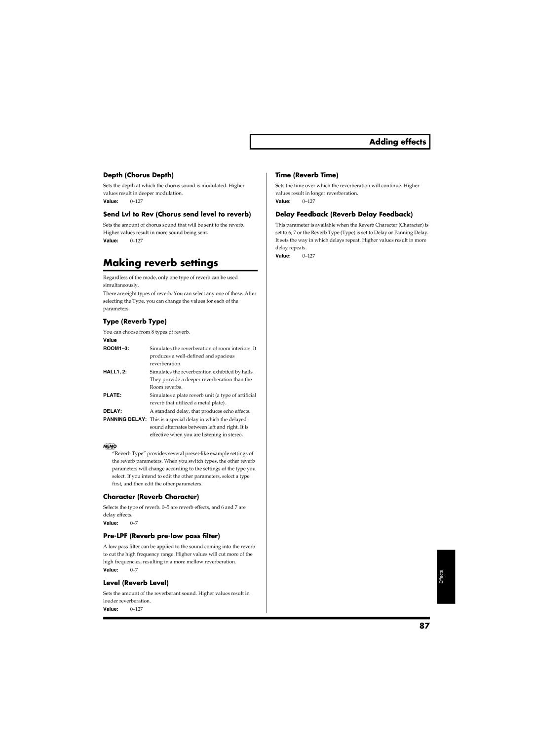 Roland RS-50 owner manual Making reverb settings 