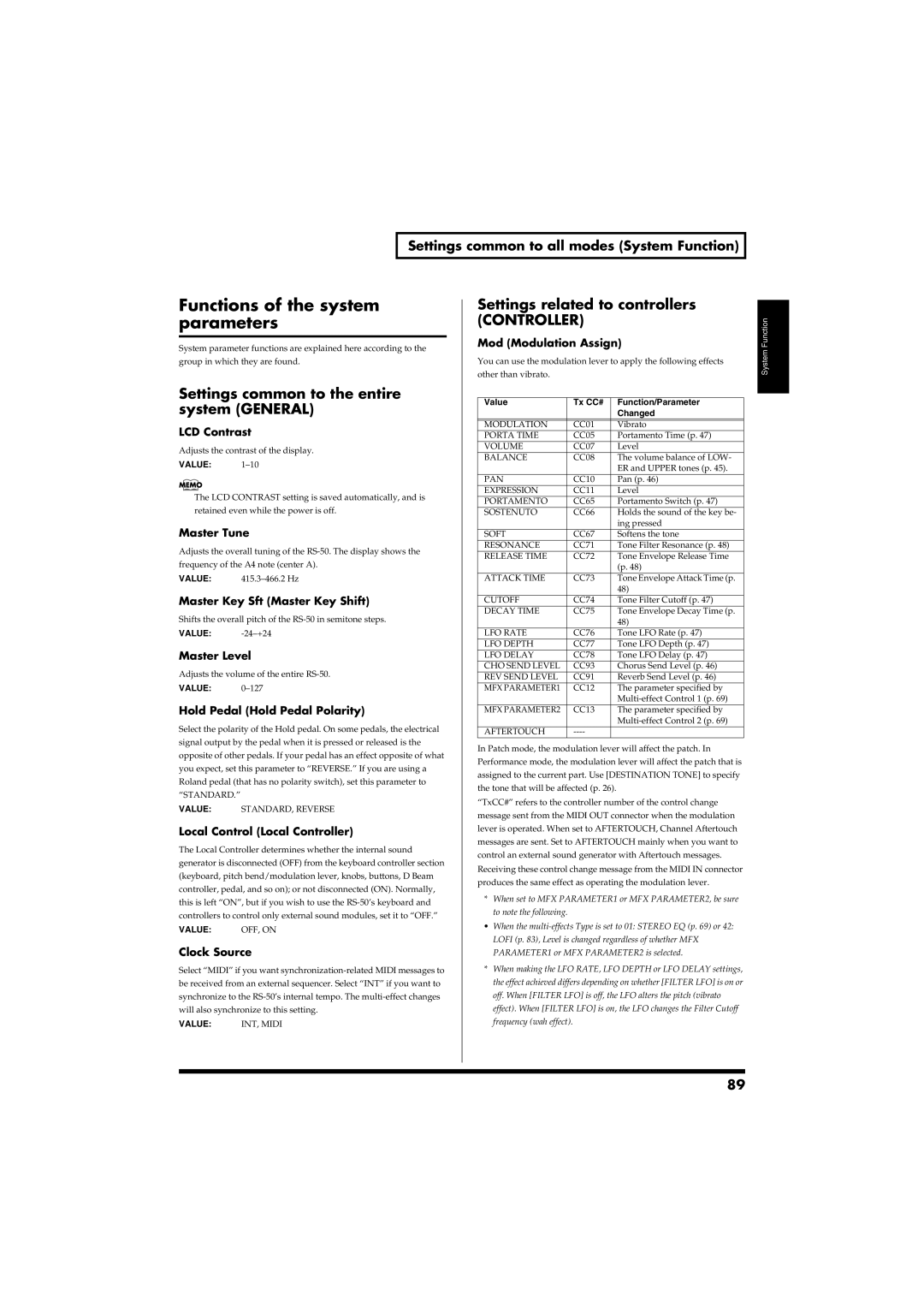 Roland RS-50 owner manual Functions of the system parameters, Settings common to the entire system General, Controller 