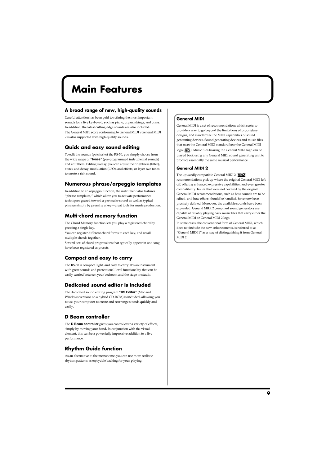 Roland RS-50 owner manual Main Features 