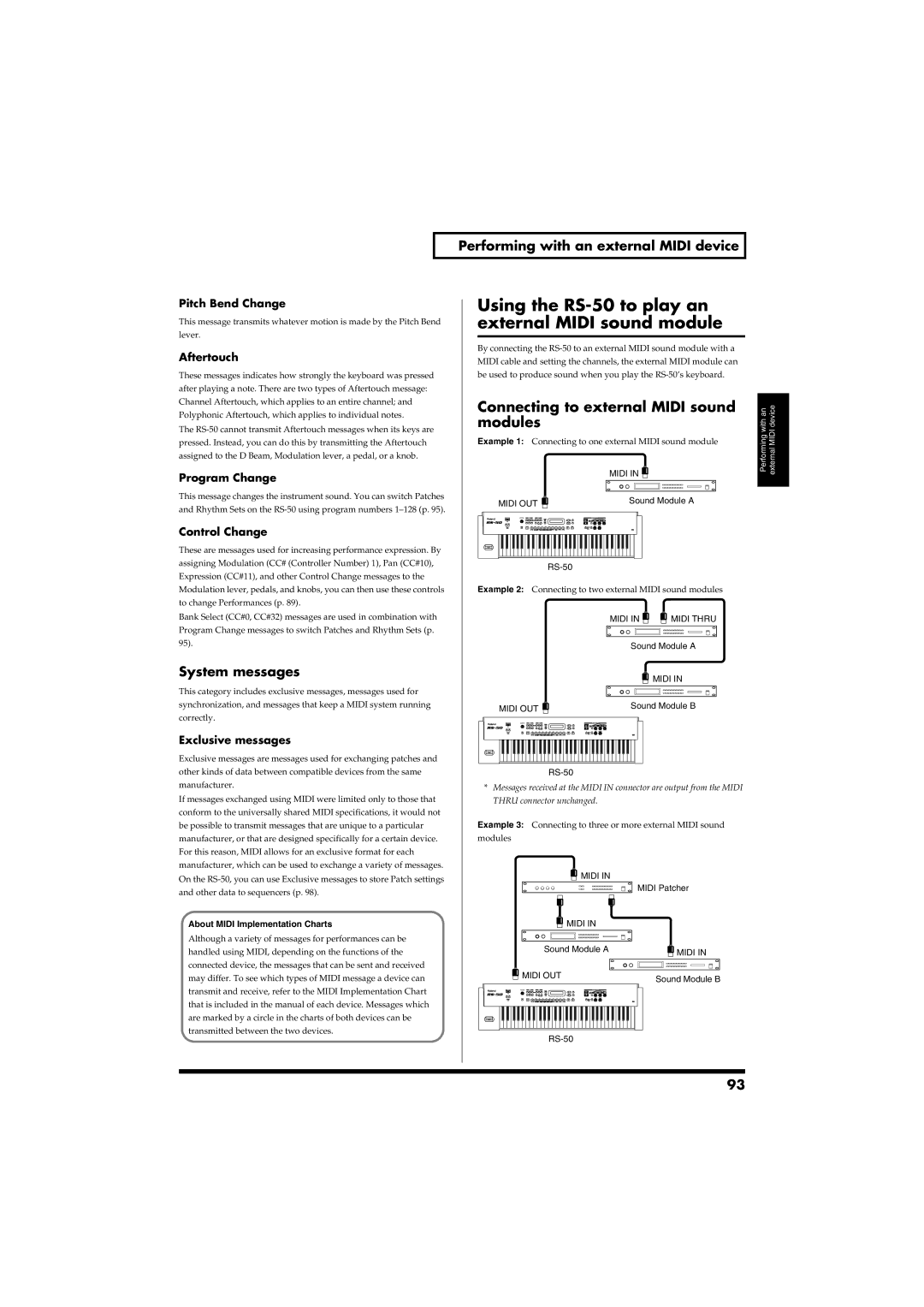 Roland owner manual Using the RS-50 to play an, External Midi sound module, Connecting to external Midi sound, Modules 