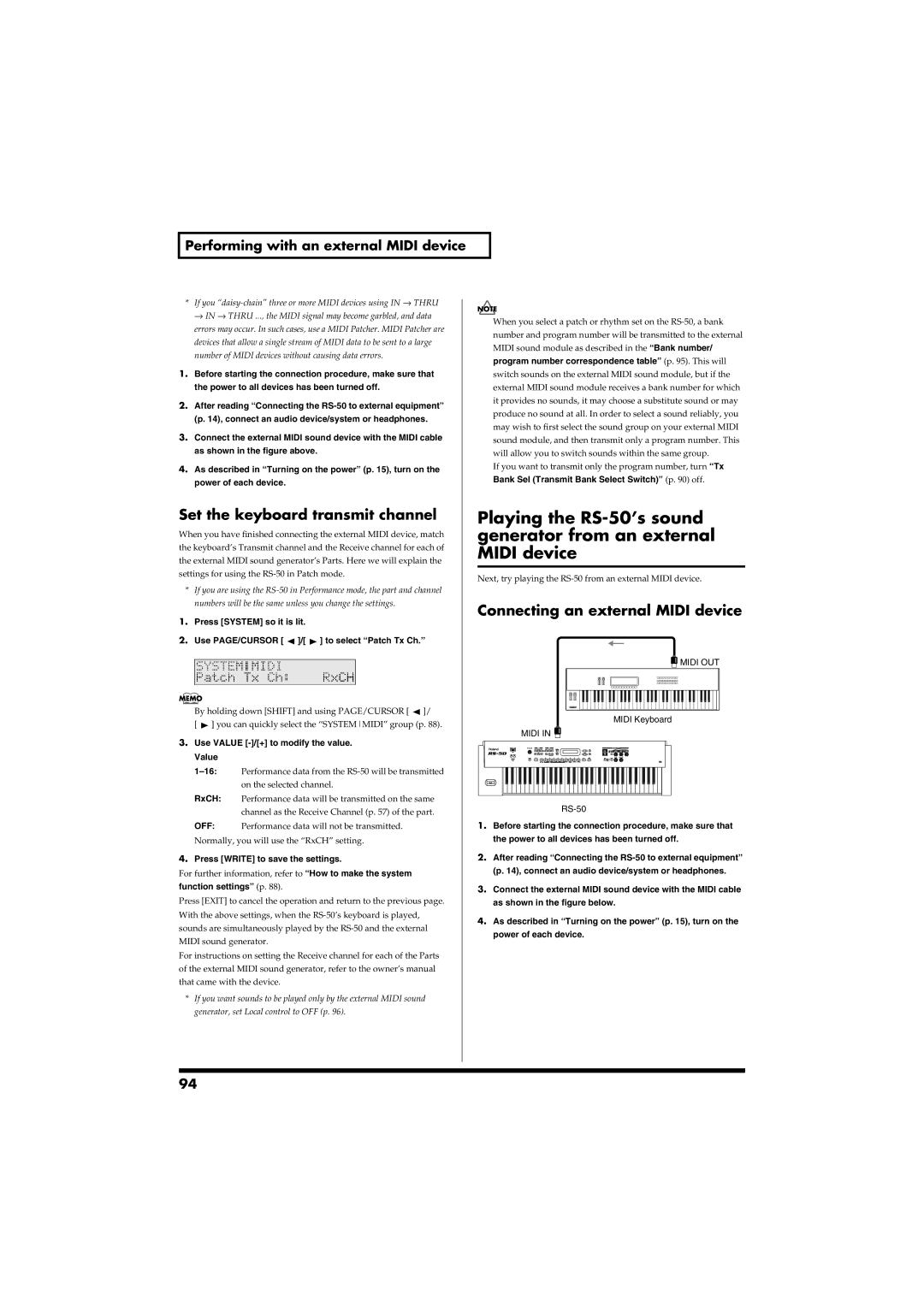 Roland RS-50 Set the keyboard transmit channel, Connecting an external Midi device, Press Write to save the settings 