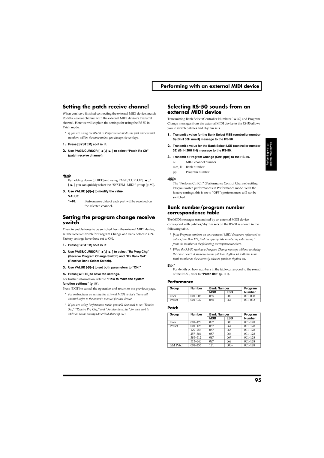 Roland RS-50 owner manual Setting the patch receive channel, Setting the program change receive switch, Patch 