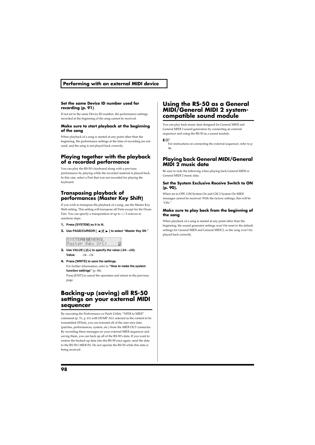 Roland Using the RS-50 as a General, MIDI/General Midi 2 system, Compatible sound module, Transposing playback 