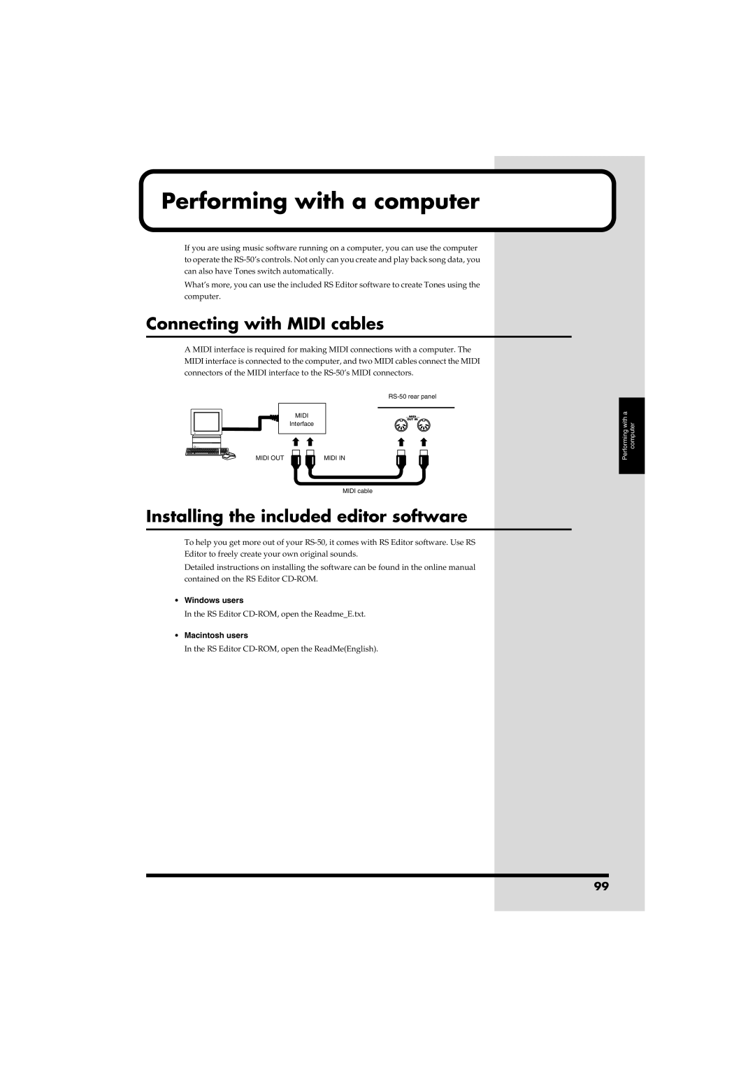 Roland RS-50 owner manual Performing with a computer, Connecting with Midi cables 