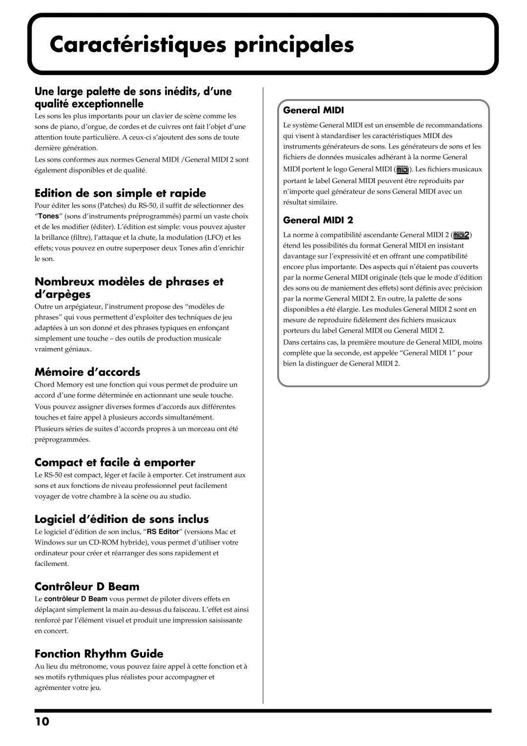 Roland RS-50 manual Caractéristiques principales 