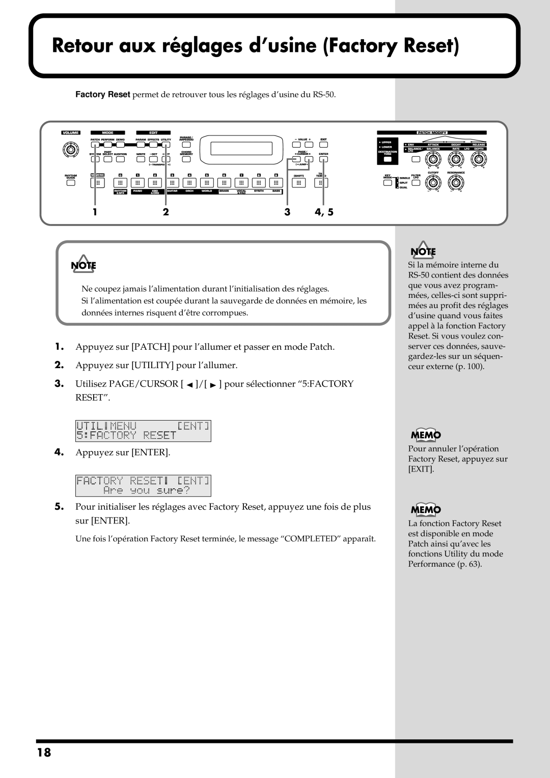 Roland RS-50 manual Retour aux réglages d’usine Factory Reset 