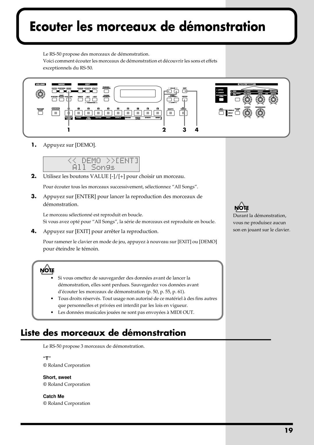 Roland RS-50 manual Ecouter les morceaux de démonstration, Liste des morceaux de démonstration 