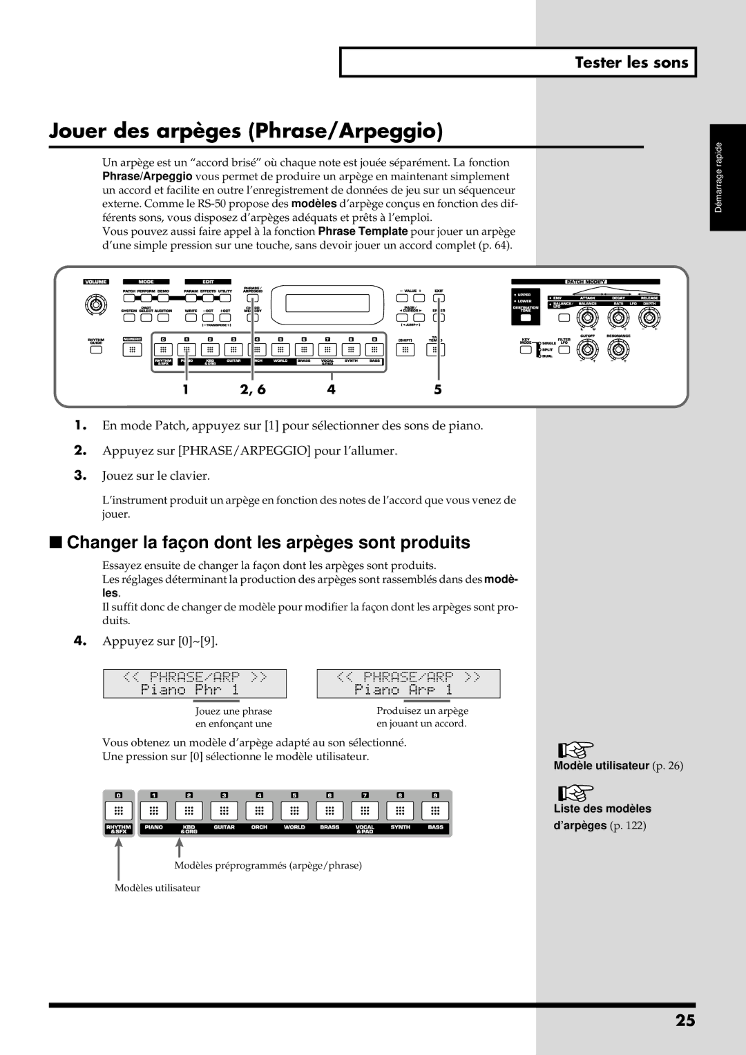 Roland RS-50 manual Jouer des arpèges Phrase/Arpeggio, Changer la faç on dont les arpè ges sont produits 