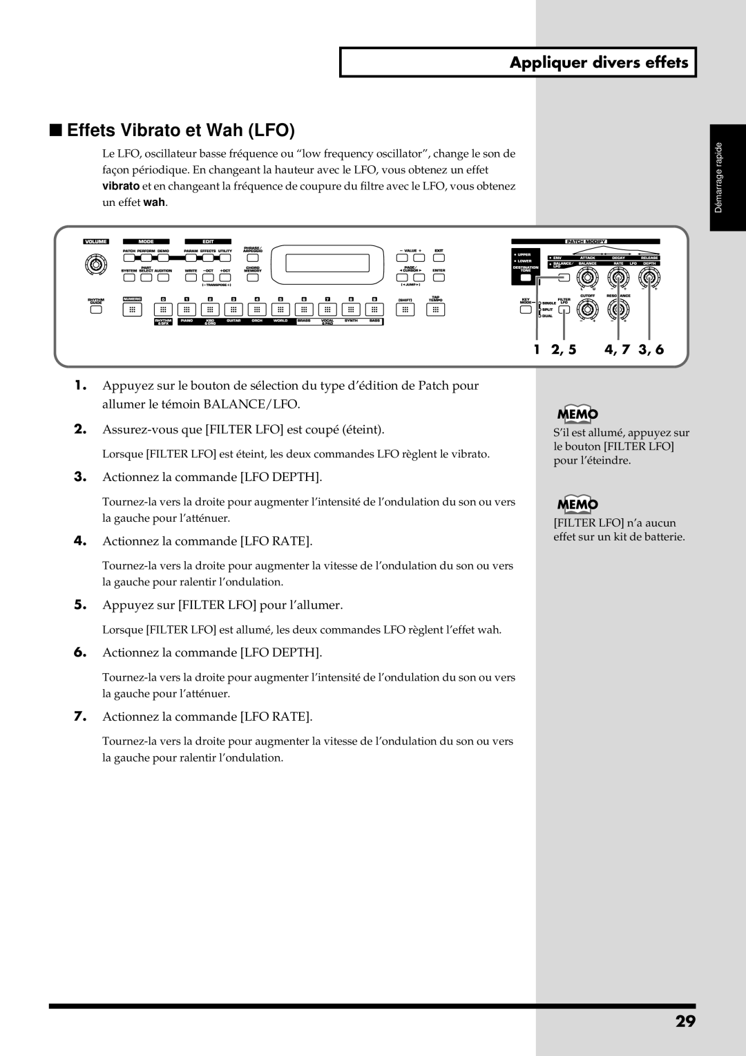 Roland RS-50 manual Effets Vibrato et Wah LFO, Appliquer divers effets 