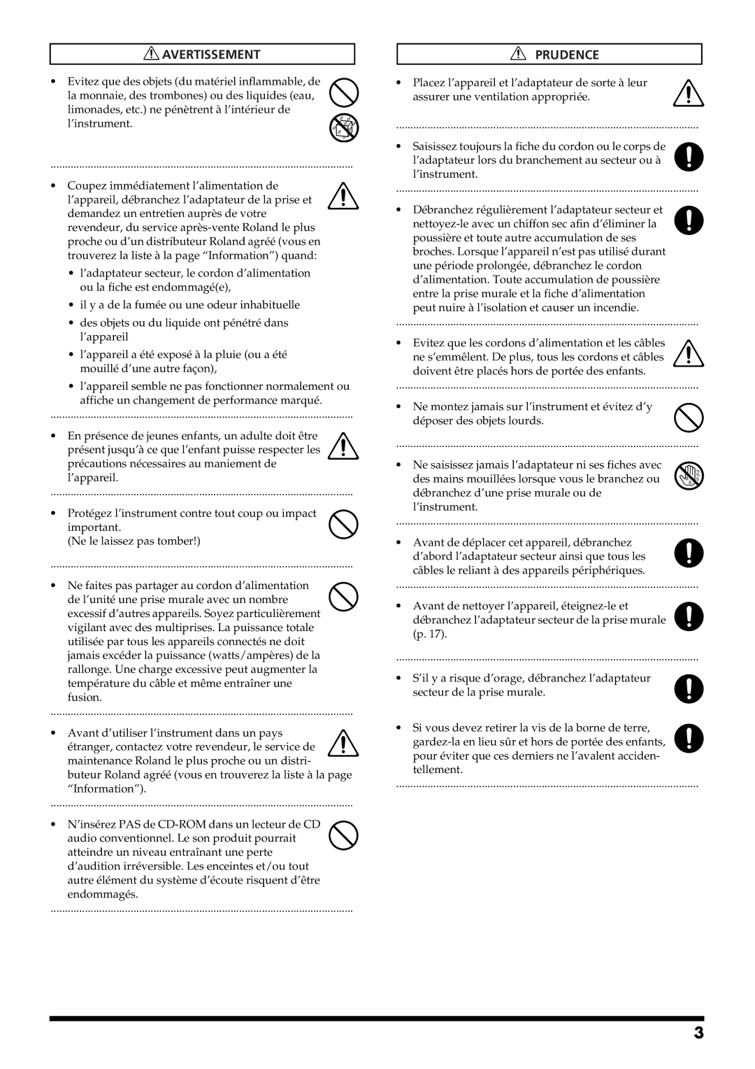 Roland RS-50 manual Avertissement 