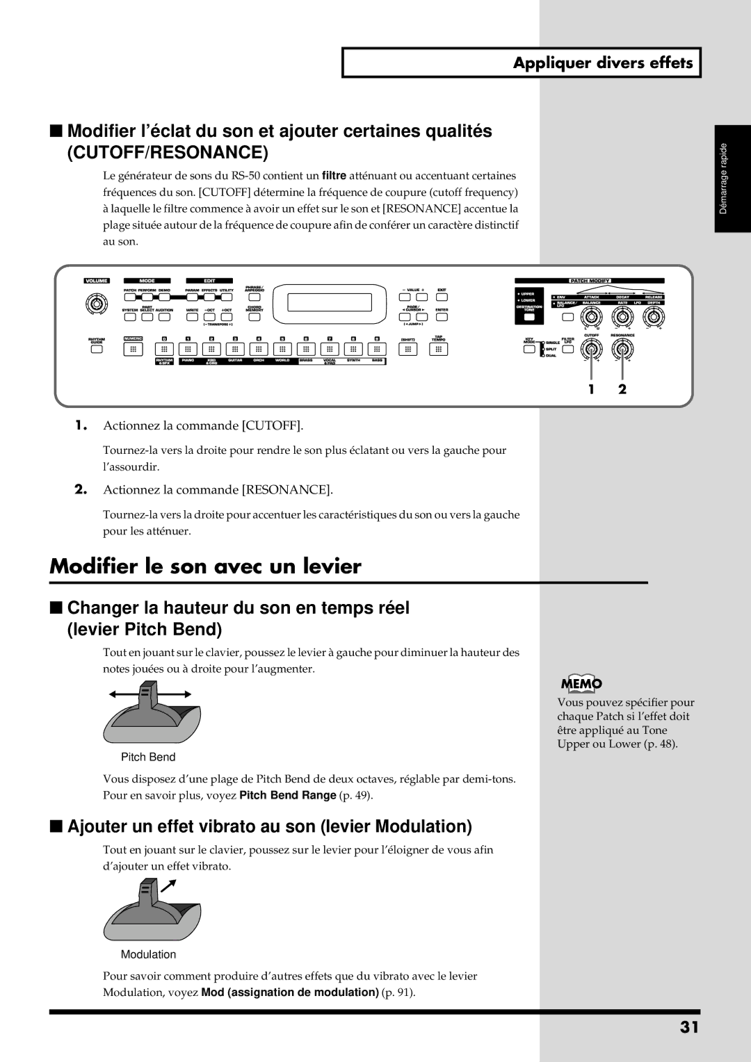 Roland RS-50 manual Modifier le son avec un levier, Modifier l’é clat du son et ajouter certaines qualité s 