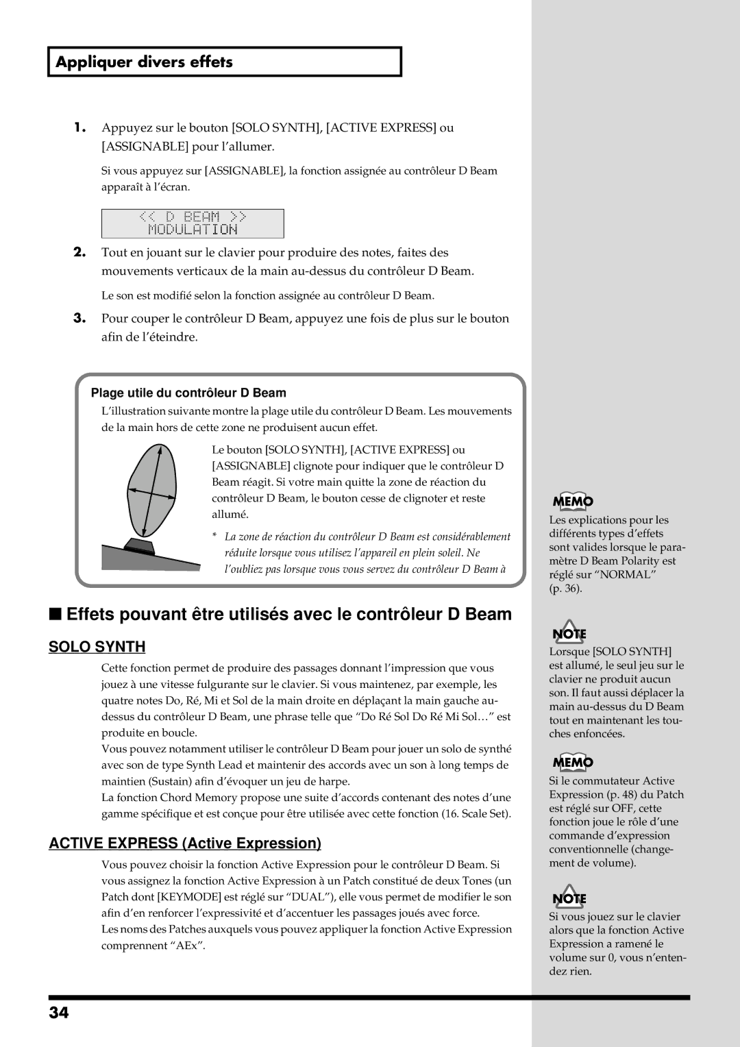 Roland RS-50 manual Effets pouvant ê tre utilisé s avec le contrô leur D Beam, Plage utile du contrô leur D Beam 