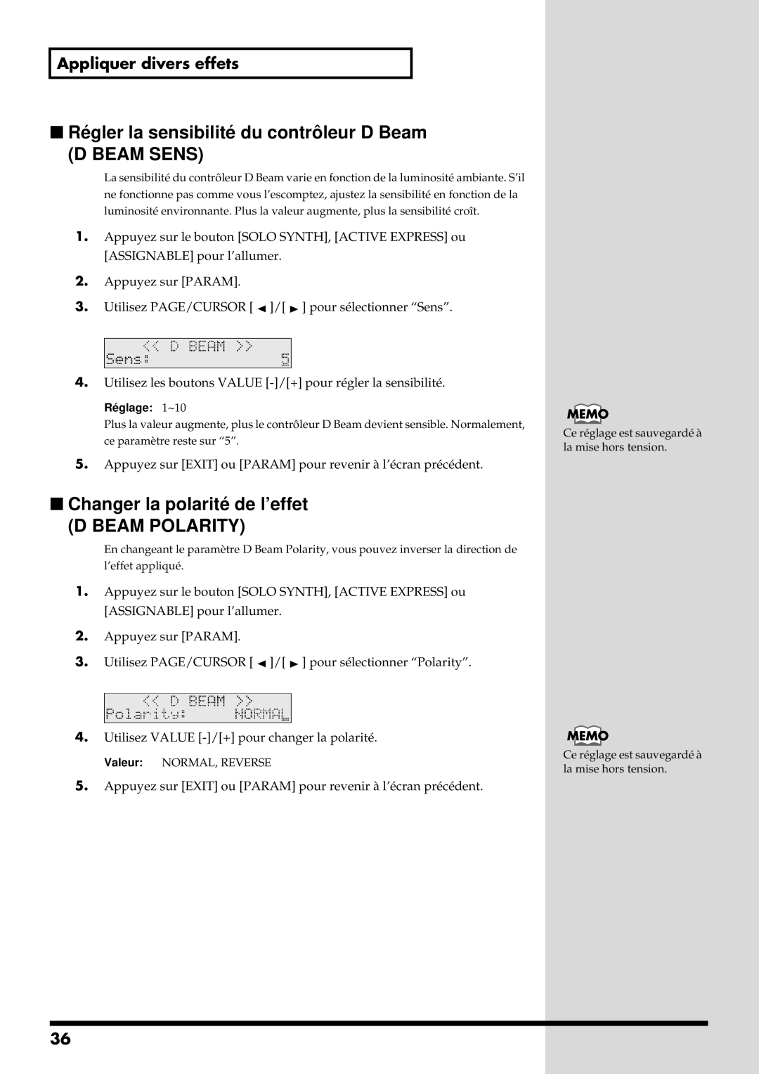 Roland RS-50 manual Ré gler la sensibilité du contrô leur D Beam, Changer la polarité de l’effet 