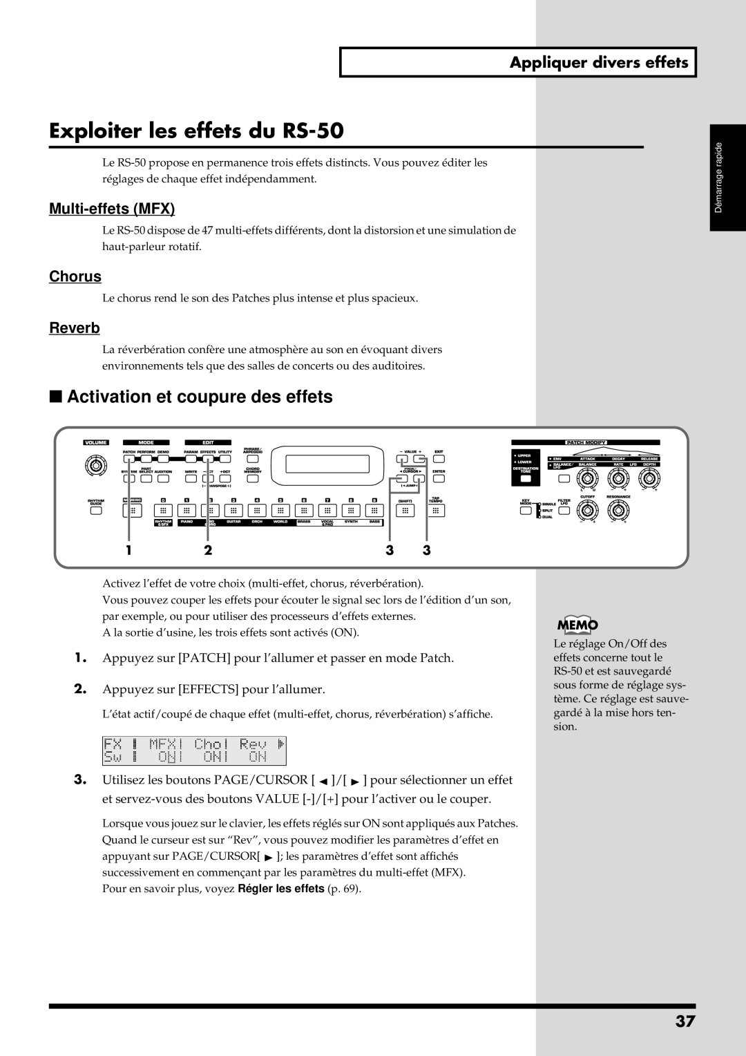 Roland manual Exploiter les effets du RS-50, Activation et coupure des effets 