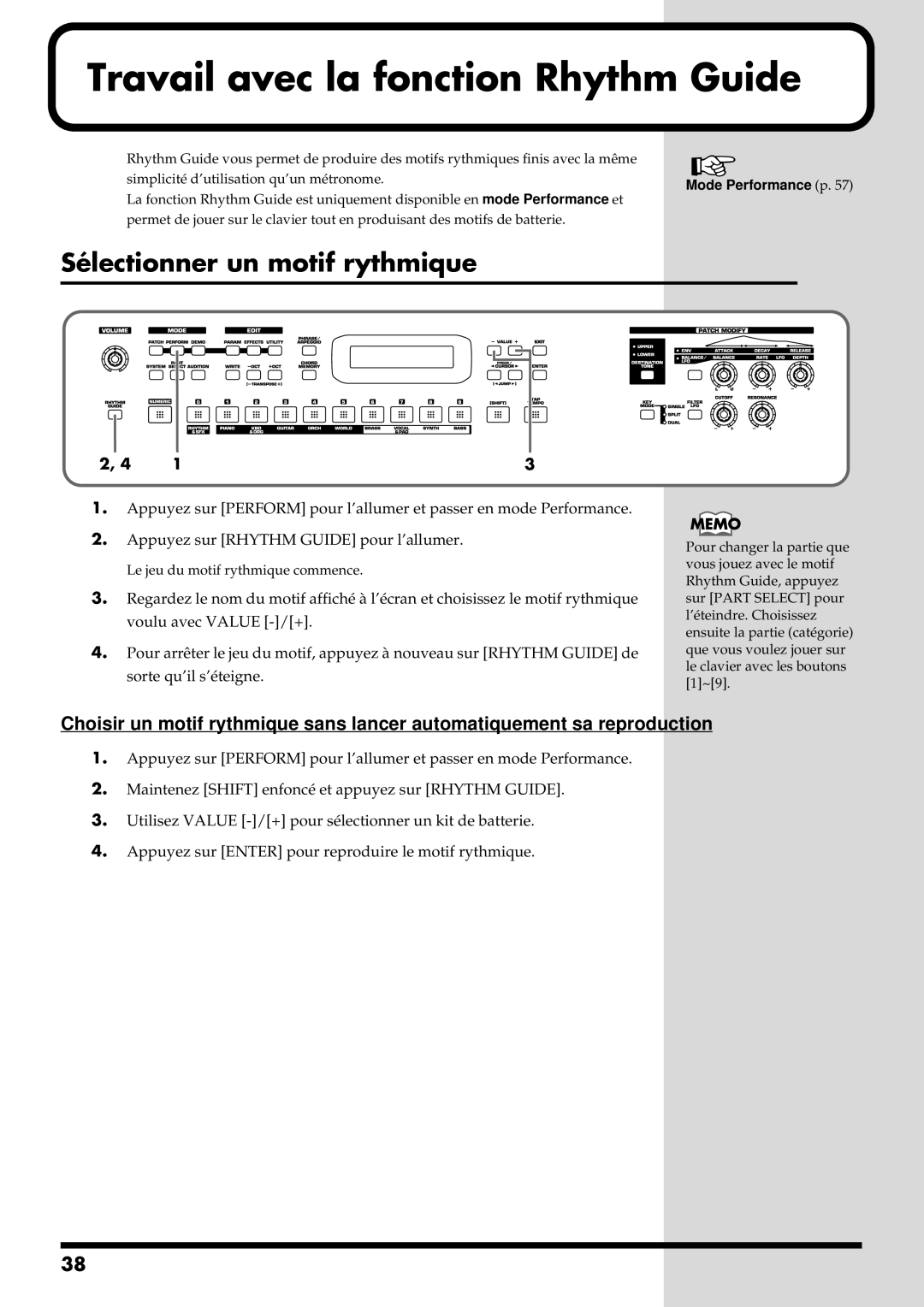 Roland RS-50 manual Travail avec la fonction Rhythm Guide, Sélectionner un motif rythmique, Mode Performance p 