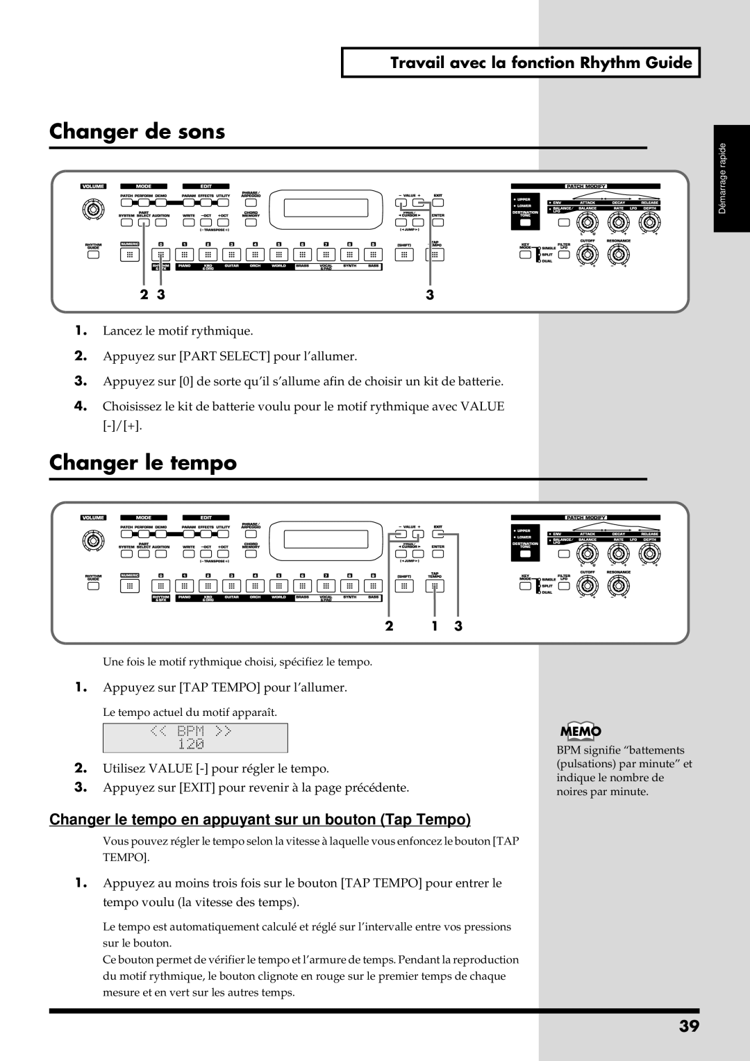 Roland RS-50 manual Changer de sons, Changer le tempo, Travail avec la fonction Rhythm Guide 