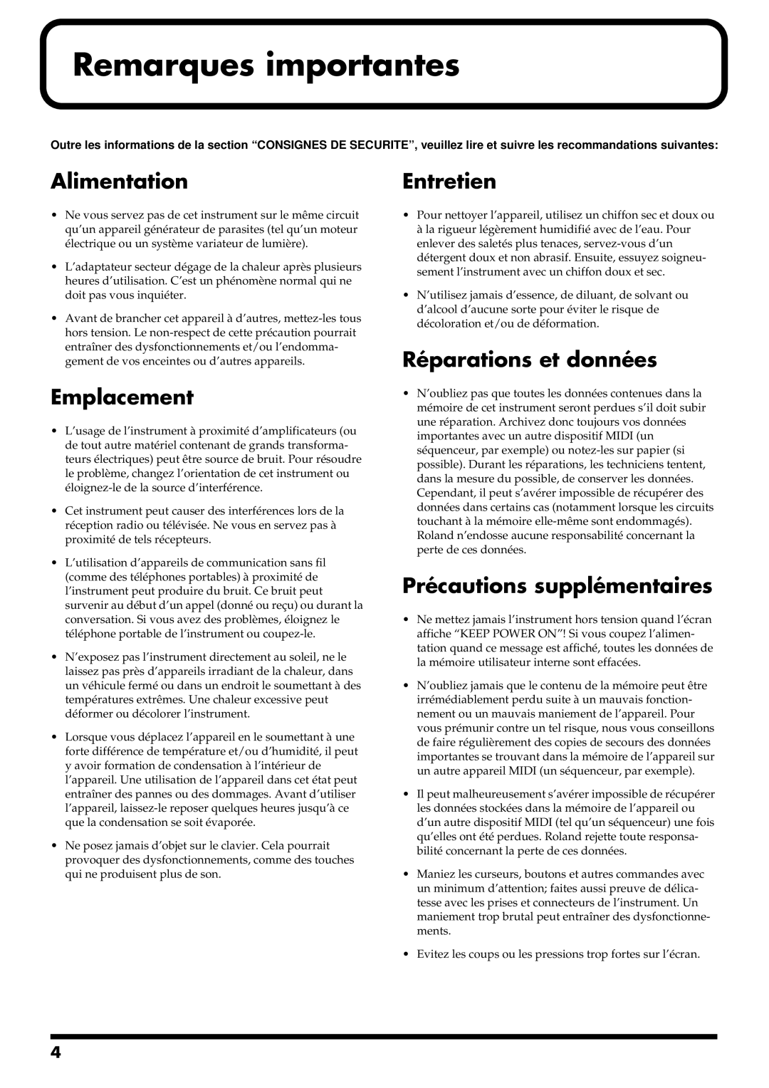 Roland RS-50 manual Remarques importantes 