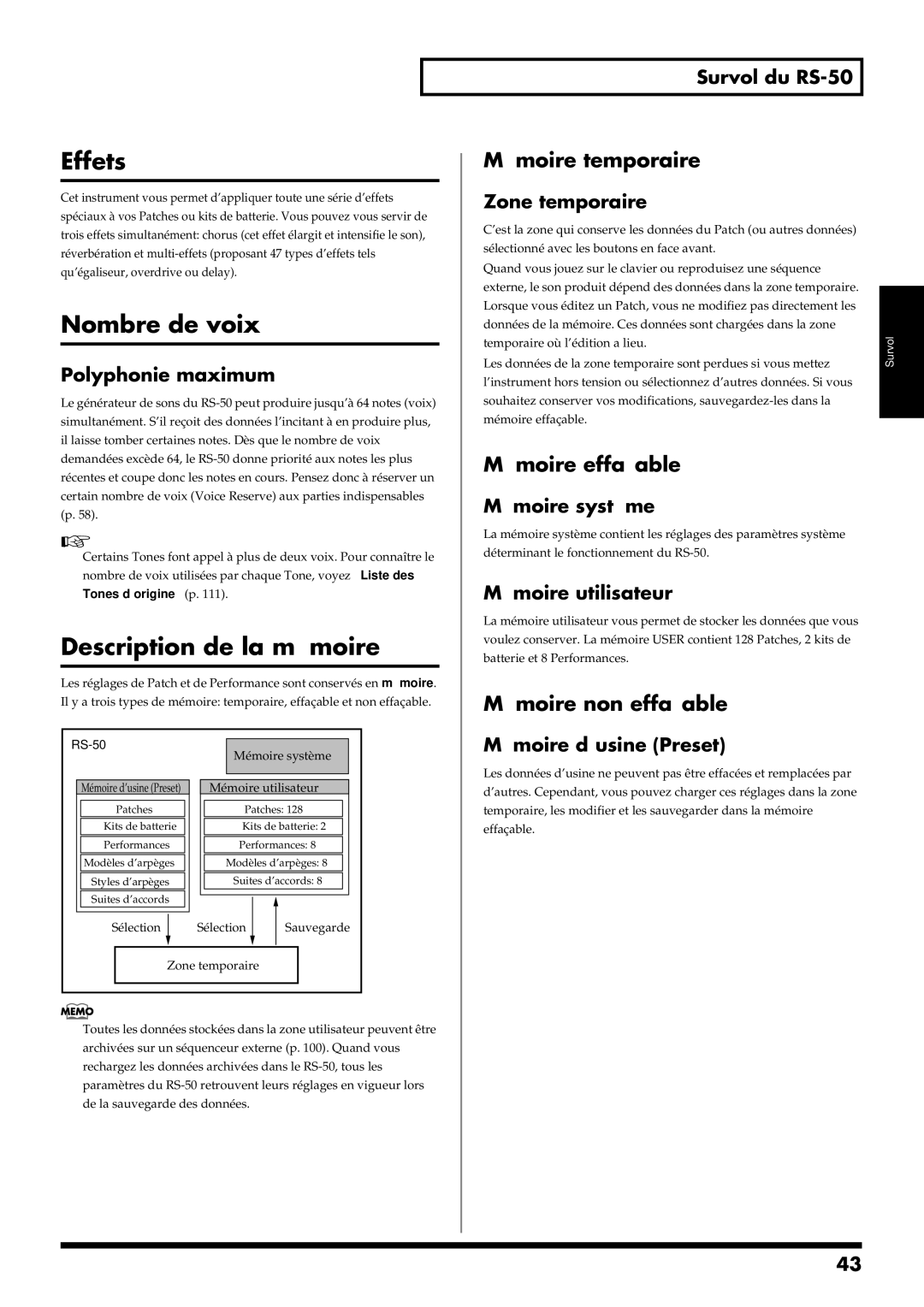 Roland RS-50 manual Effets, Nombre de voix, Description de la mémoire 