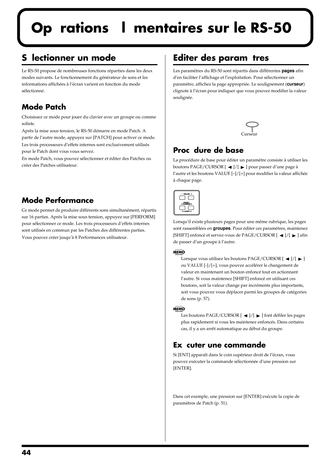 Roland manual Opérations élémentaires sur le RS-50, Sélectionner un mode, Editer des paramètres 