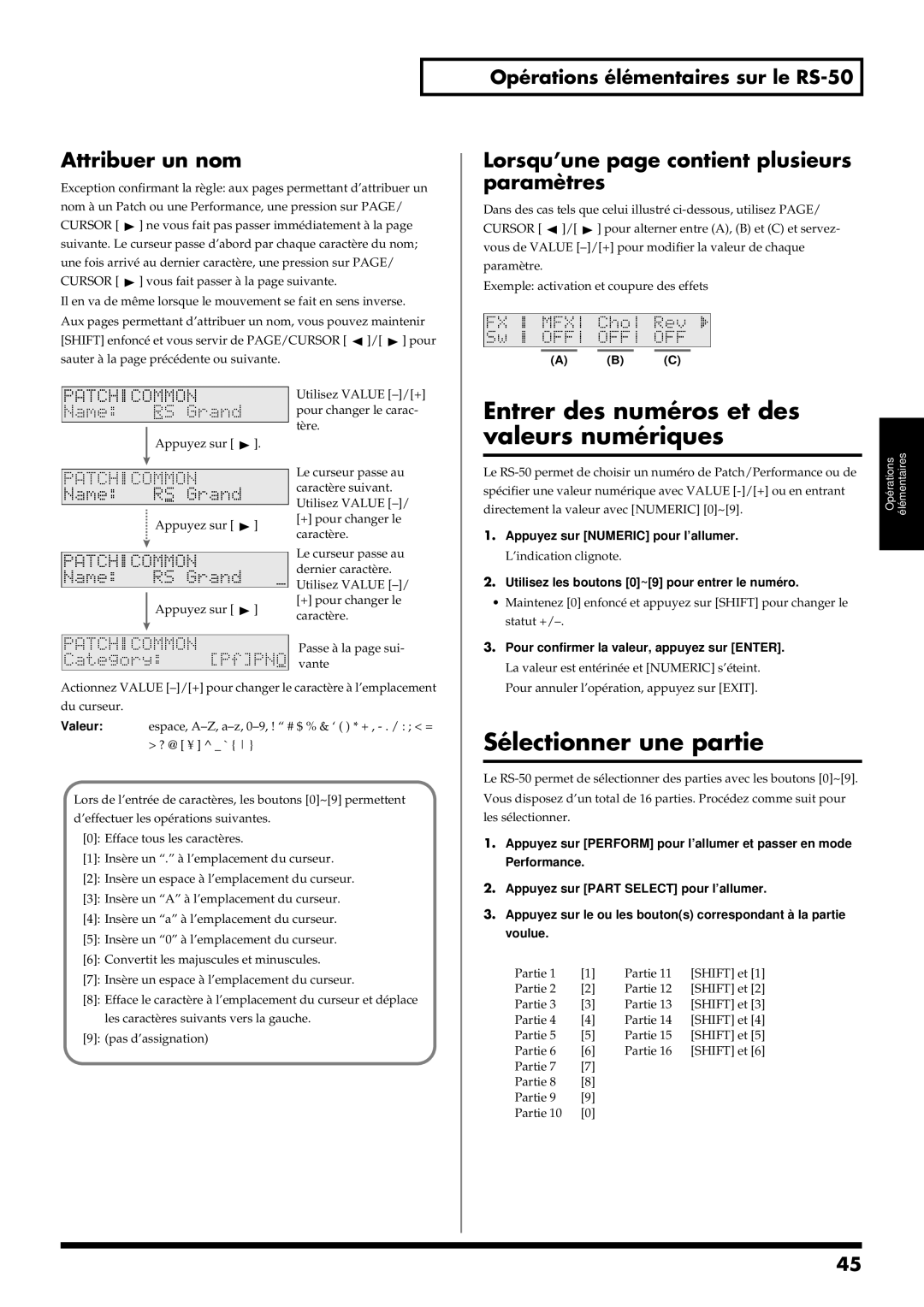 Roland RS-50 manual Entrer des numéros et des Valeurs numériques, Sélectionner une partie, Attribuer un nom 