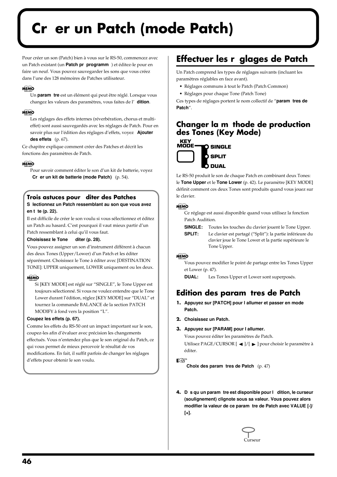 Roland RS-50 manual Créer un Patch mode Patch, Effectuer les réglages de Patch, Edition des paramètres de Patch 