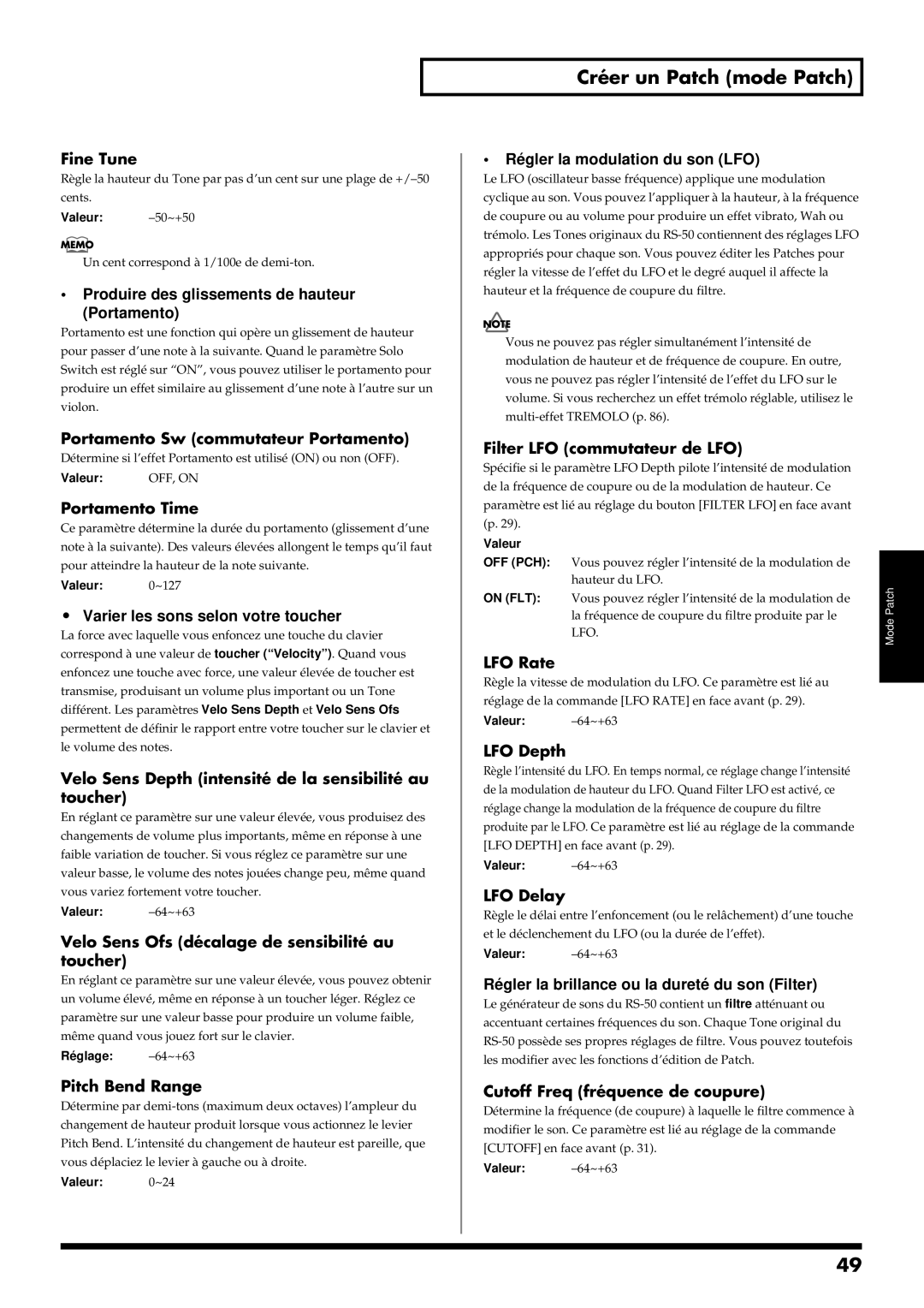 Roland RS-50 manual Fine Tune, Portamento Sw commutateur Portamento, Portamento Time, Pitch Bend Range, LFO Rate, LFO Depth 