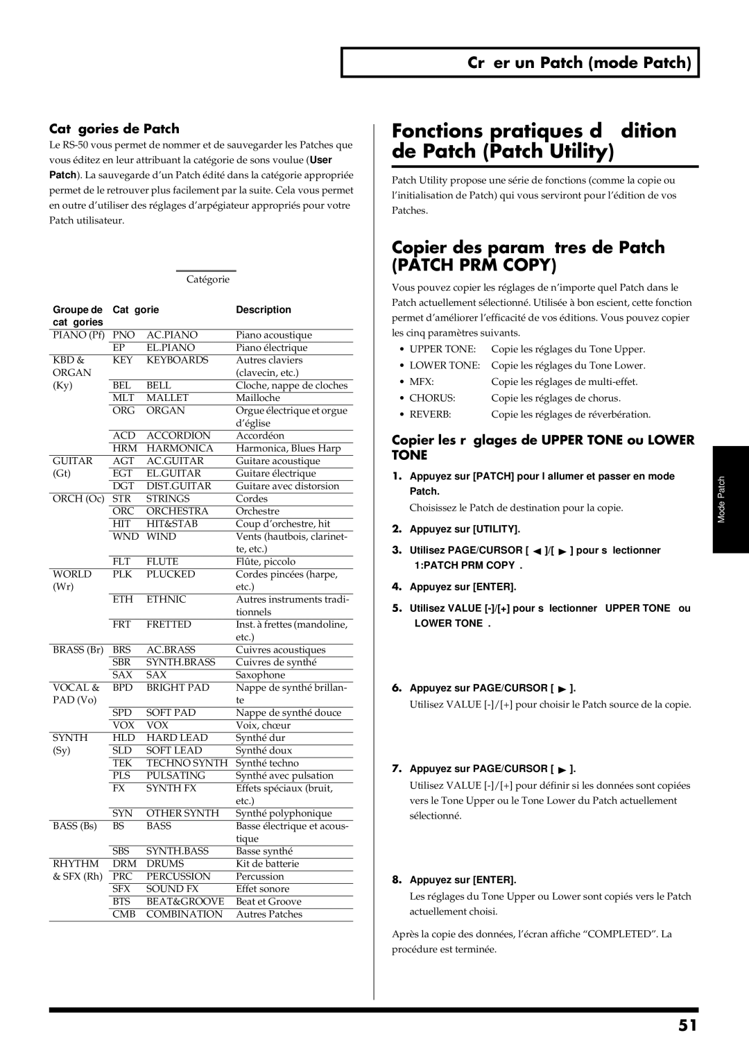 Roland RS-50 manual Fonctions pratiques d’édition de Patch Patch Utility, Copier des paramètres de Patch, Patch PRM Copy 