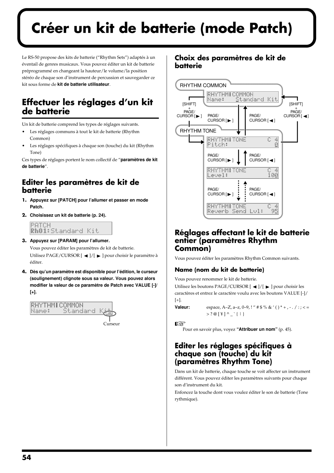 Roland RS-50 Créer un kit de batterie mode Patch, Effectuer les réglages d’un kit de batterie, Name nom du kit de batterie 