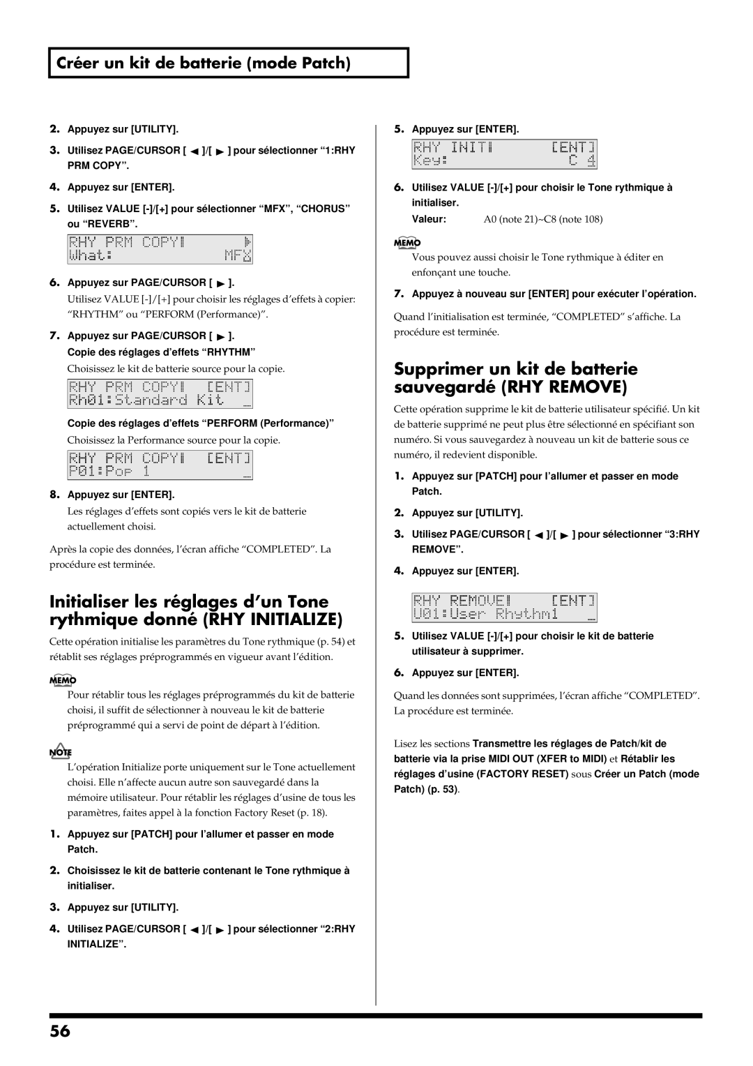 Roland RS-50 manual Supprimer un kit de batterie sauvegardé RHY Remove, Initialize 