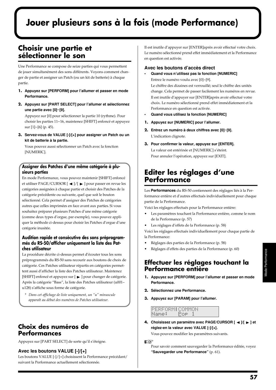 Roland RS-50 manual Choisir une partie et sélectionner le son, Editer les réglages d’une Performance 