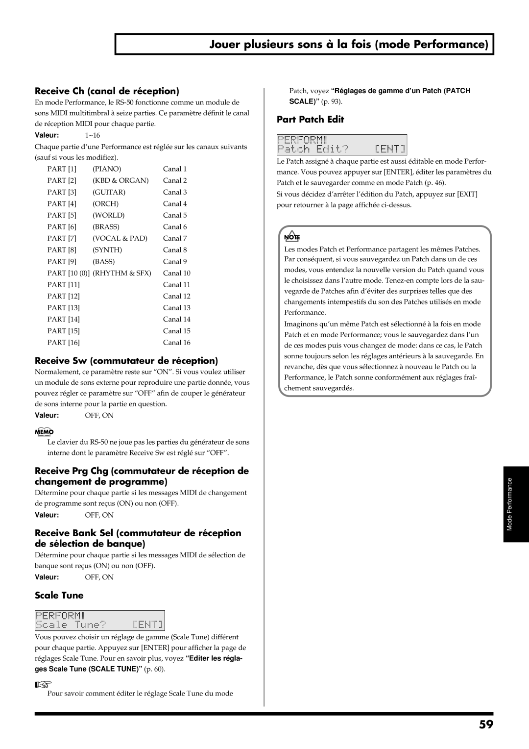 Roland RS-50 Jouer plusieurs sons à la fois mode Performance, Receive Ch canal de réception, Scale Tune, Part Patch Edit 