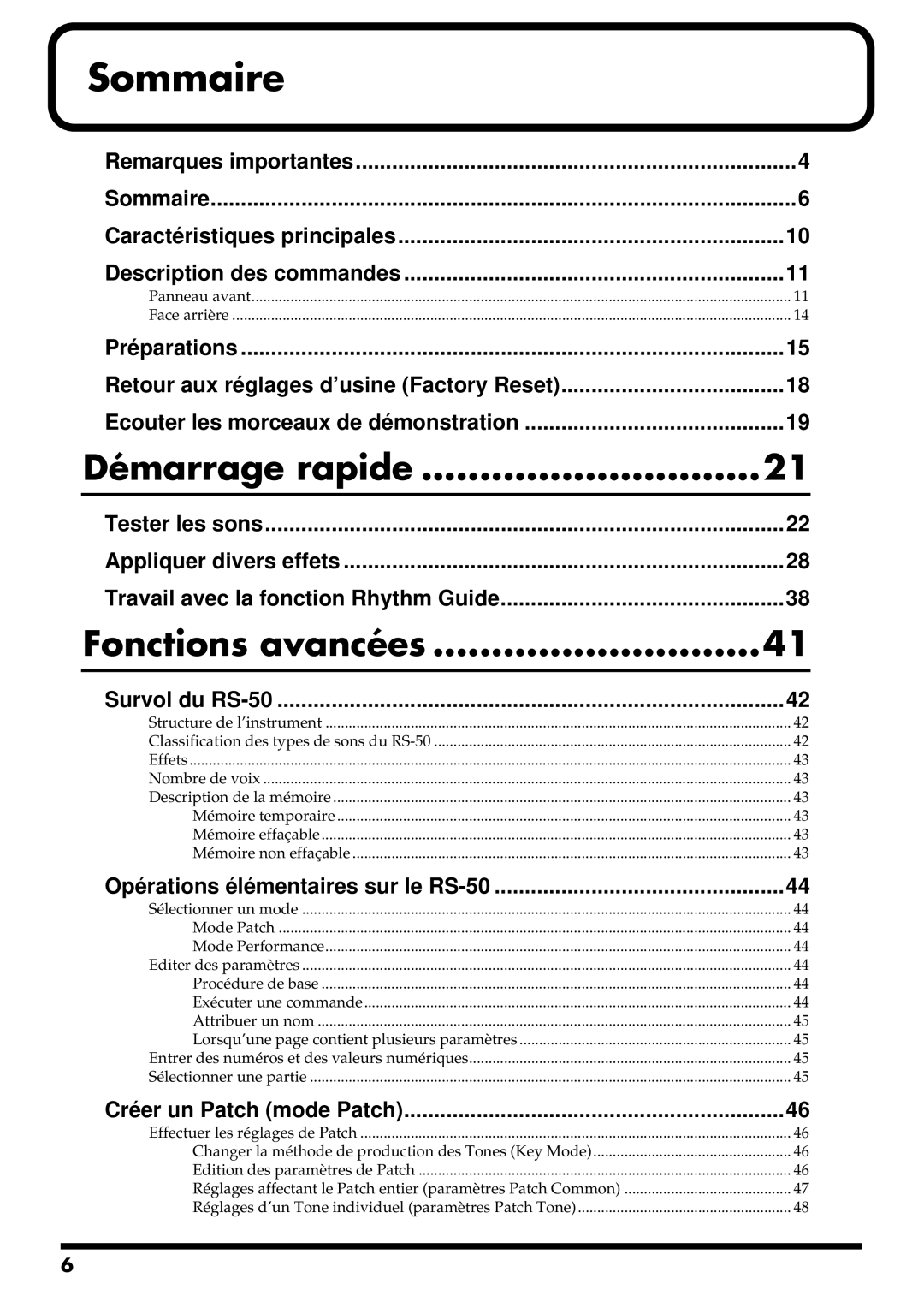 Roland RS-50 manual Sommaire, Fonctions avancées 