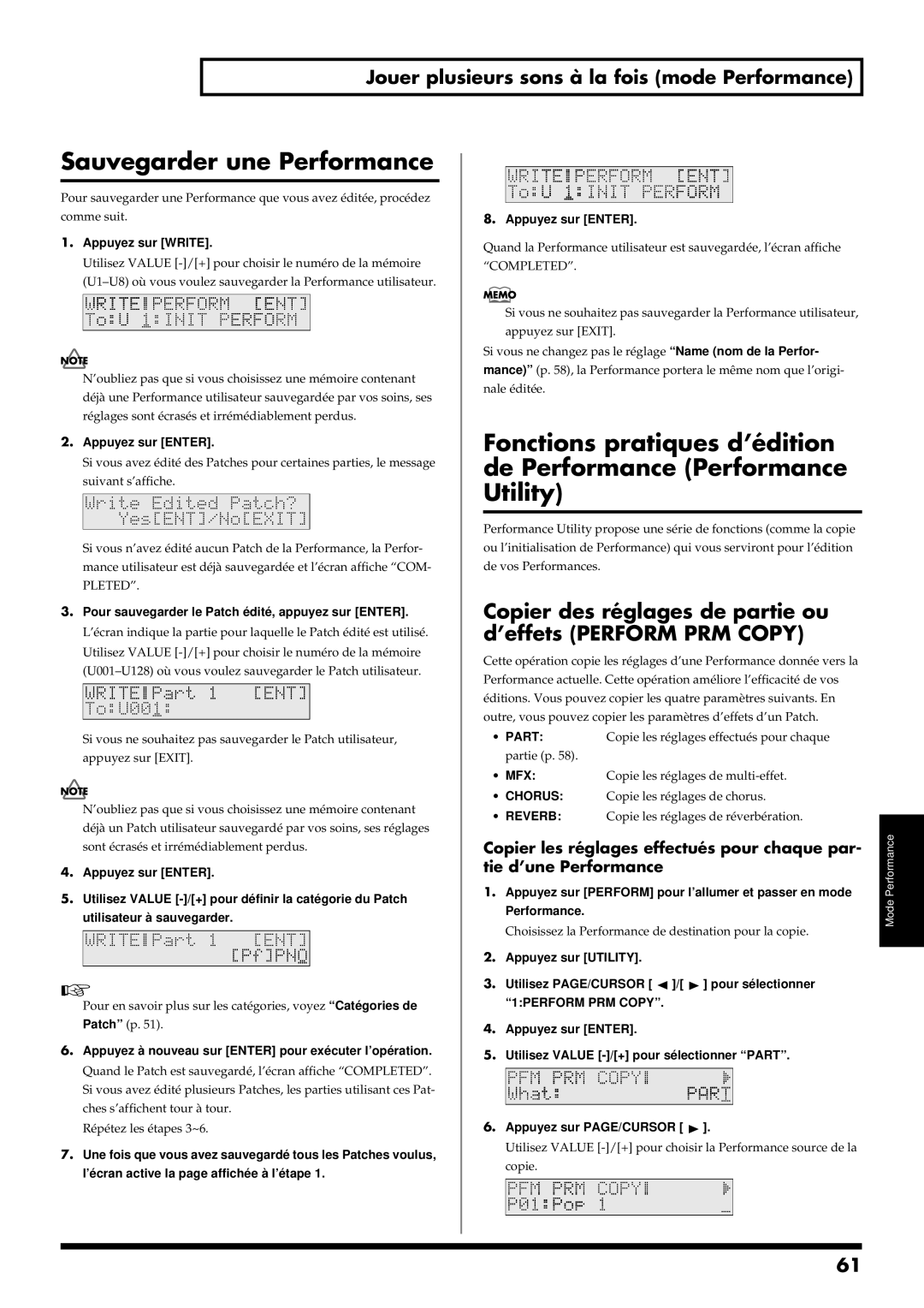 Roland RS-50 Sauvegarder une Performance, Copier des réglages de partie ou d’effets Perform PRM Copy, Appuyez sur Write 