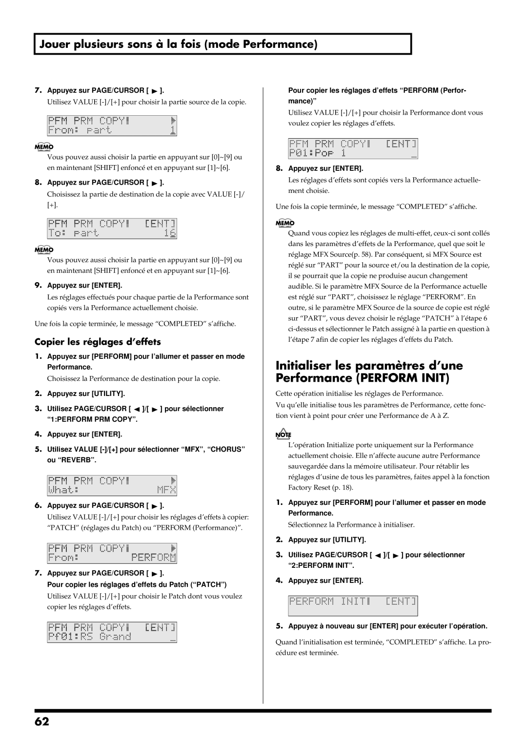 Roland RS-50 manual Initialiser les paramètres d’une Performance Perform Init, Copier les réglages d’effets 