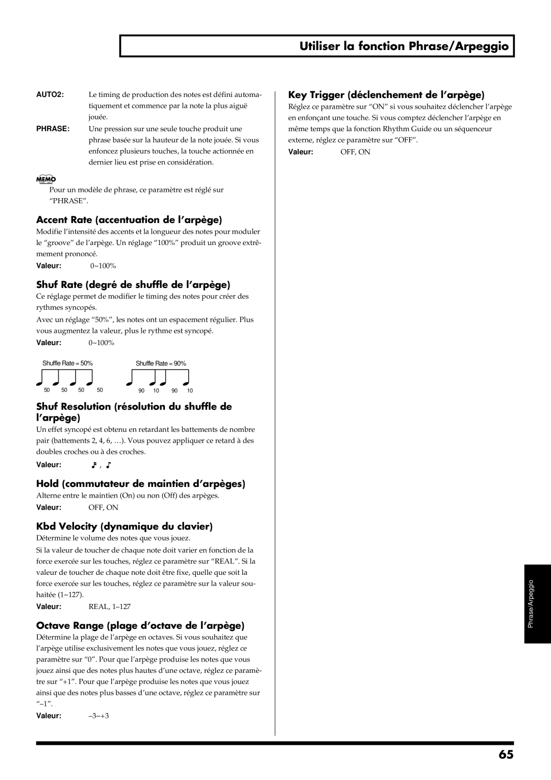 Roland RS-50 manual Utiliser la fonction Phrase/Arpeggio 