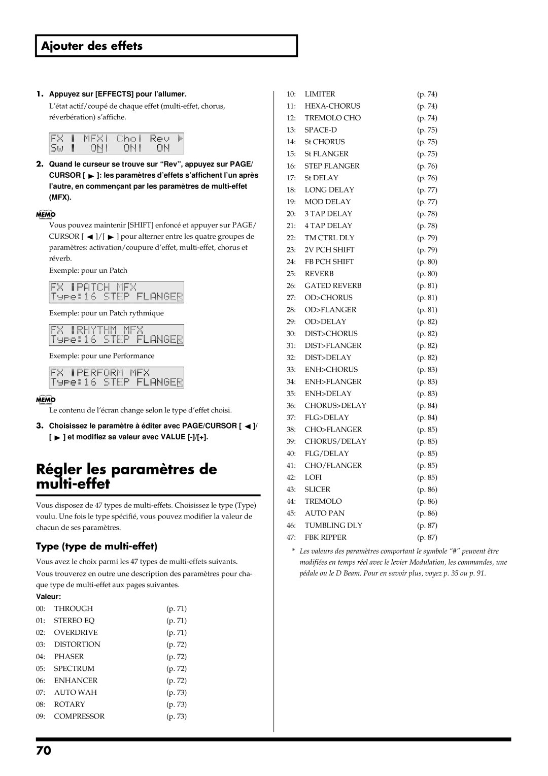 Roland RS-50 manual Régler les paramètres de multi-effet, Type type de multi-effet, Step Flanger 